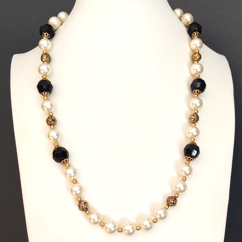 Faux pearl, black bead and gold accented necklace